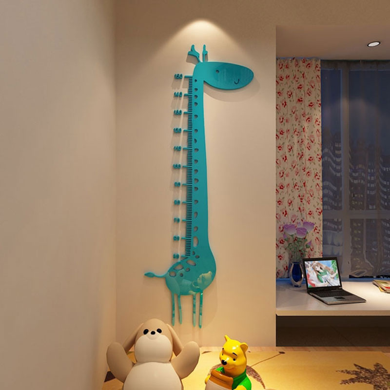 Autocollant mural girafe Animal | Étiquette de hauteur en acrylique 3D, mètre de croissance, pour chambre d'enfant, salon, véranda, décor pour pépinière, télémètre: Bleu