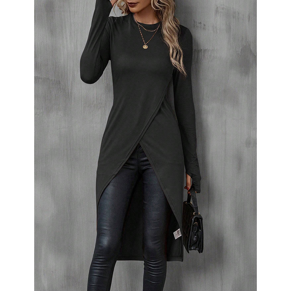 Mia Muse Camisetas de otoño para mujer, camisetas francesas decentes lisas de manga larga con cuello redondo, camisetas largas de calle: XL / Negro
