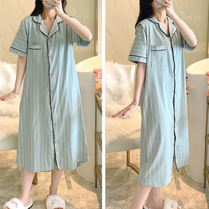 Cotton Cardigan Nursing Sleepwear Short Sleeve Striped Maternity Dresses Breastfeeding Pajamas Womens Loungewear Maternity Gowns