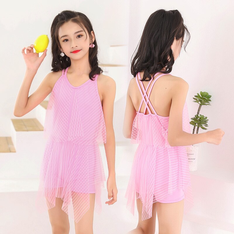 children's swimwear 65-90 kg big children's one-piece striped skirt beach swimwear Suitable for cute girls swimming: Pink