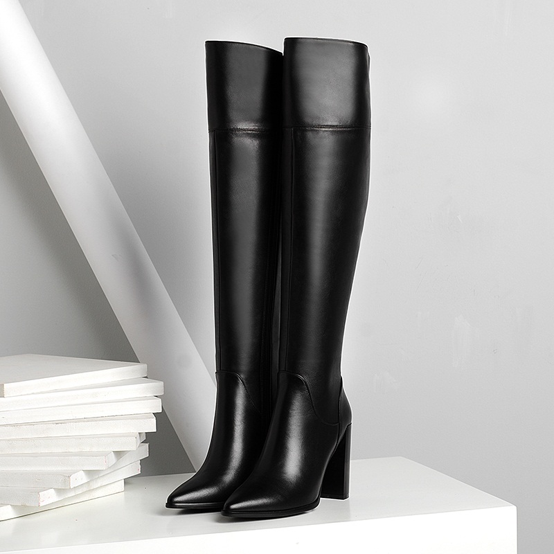Schoenen Hoge Hakken Herfst Winter Knie Hoge Laarzen Vrouw Wees Teen Landingsbanen Warm Sneeuw Boot Lederen Cowboy Sexy Vrouwen schoenen