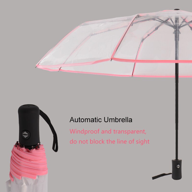 Fancytime gennemsigtig automatisk paraply til kvinder og børn i diameter 93 cm tre foldbare vindtætte solrige og regnfulde paraplyer