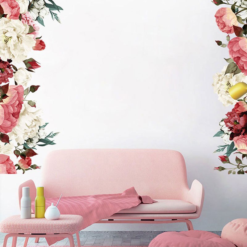 Muursticker pioenroos, rood met witte kleur, bloemenkunst, kinderkamerdecoratie, kinderkamerdecoratie, behang