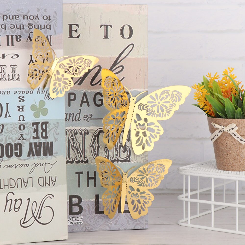 Autocollant mural papillon 3D ajouré, 12 pièces/ensemble, décoration pour mariage, décor de salle pour la maison, pour fenêtre, or argent, Stickers muraux