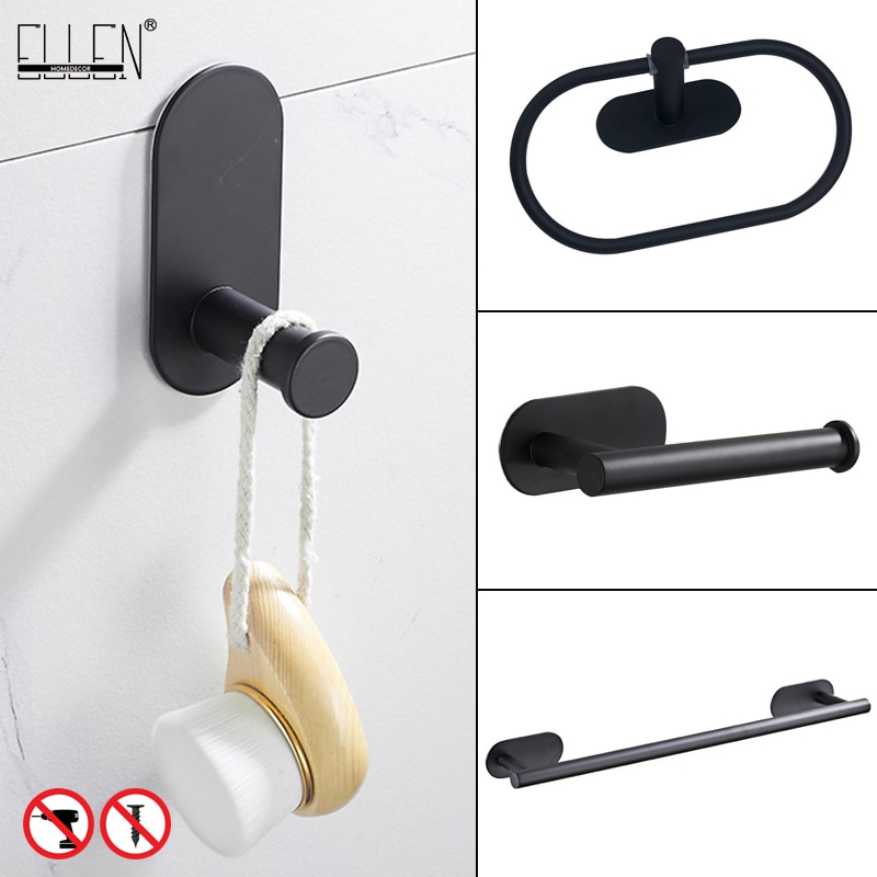 ELLEN Matte Black Bathroom Hardware Set Black Robe Hook Towel Bar Toilet Paper Holder Bath Bathroom Accessories EL480B1001B