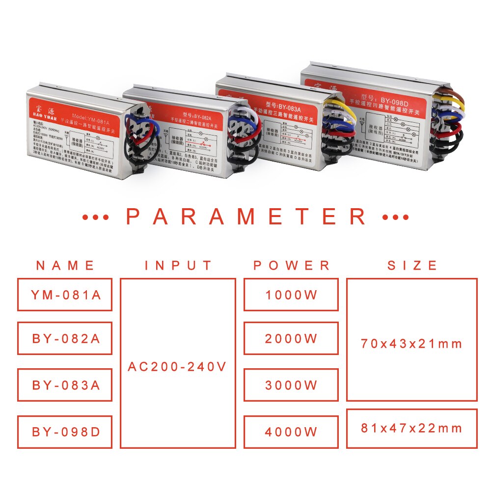 AC220V 4 Ways 5 Sections Crystal Lamp Remote Control Switch 1 Way 2 Sections Wireless Remote Controls with Delay Through-wall