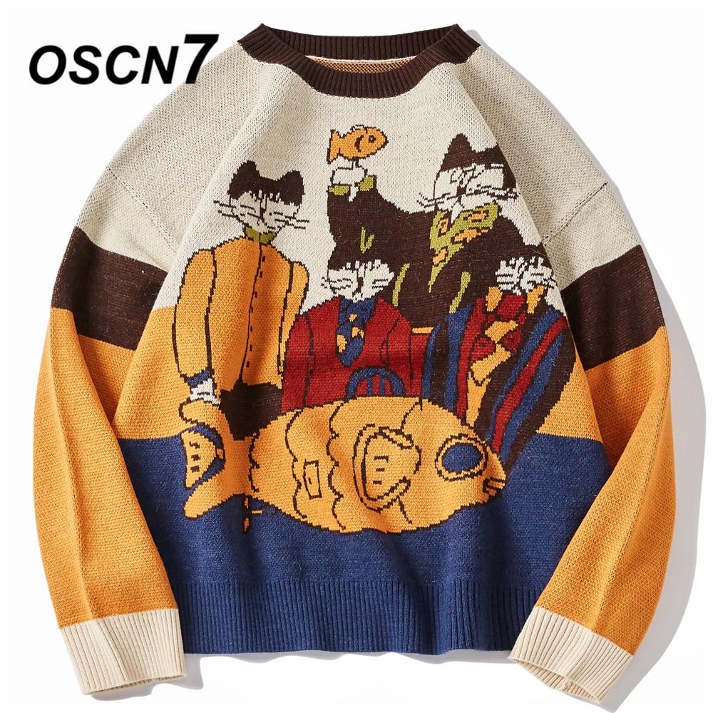 OSCN7 Grappige Oversize Truien Mannen Winter Hoge Streetwear Mode Heren Truien Ronde Hals Vintage Truien 0020