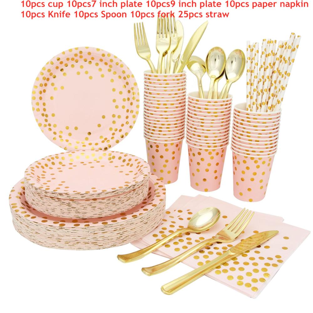 Roze gouden stippen babymeisje feest wegwerp servies beker bord servet verjaardag bruiloft feestdecoratie kinderen babyshower feestbenodigdheden: Set 95 stuks