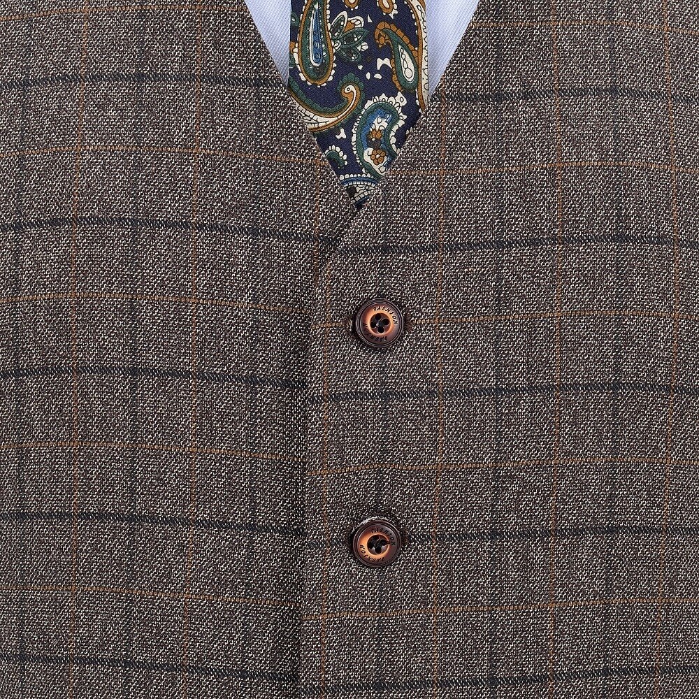 Colete masculino formal de algodão com caimento justo, colete de lã xadrez marrom para casamento, colete formal, padrinhos