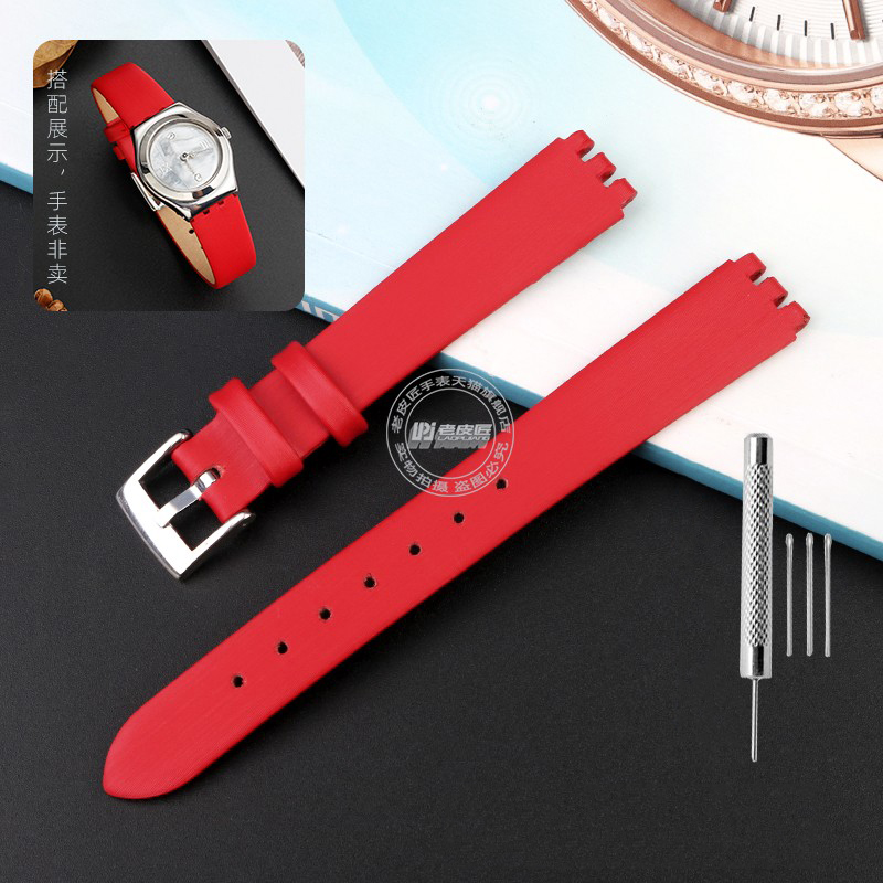 Correa de cuero para reloj Swatch para mujer, YSS213G, YSS288G, YSS222G, correa de seda IRONY, hebilla de Pin, pulsera de 12mm con herramientas: Blanco de la plata
