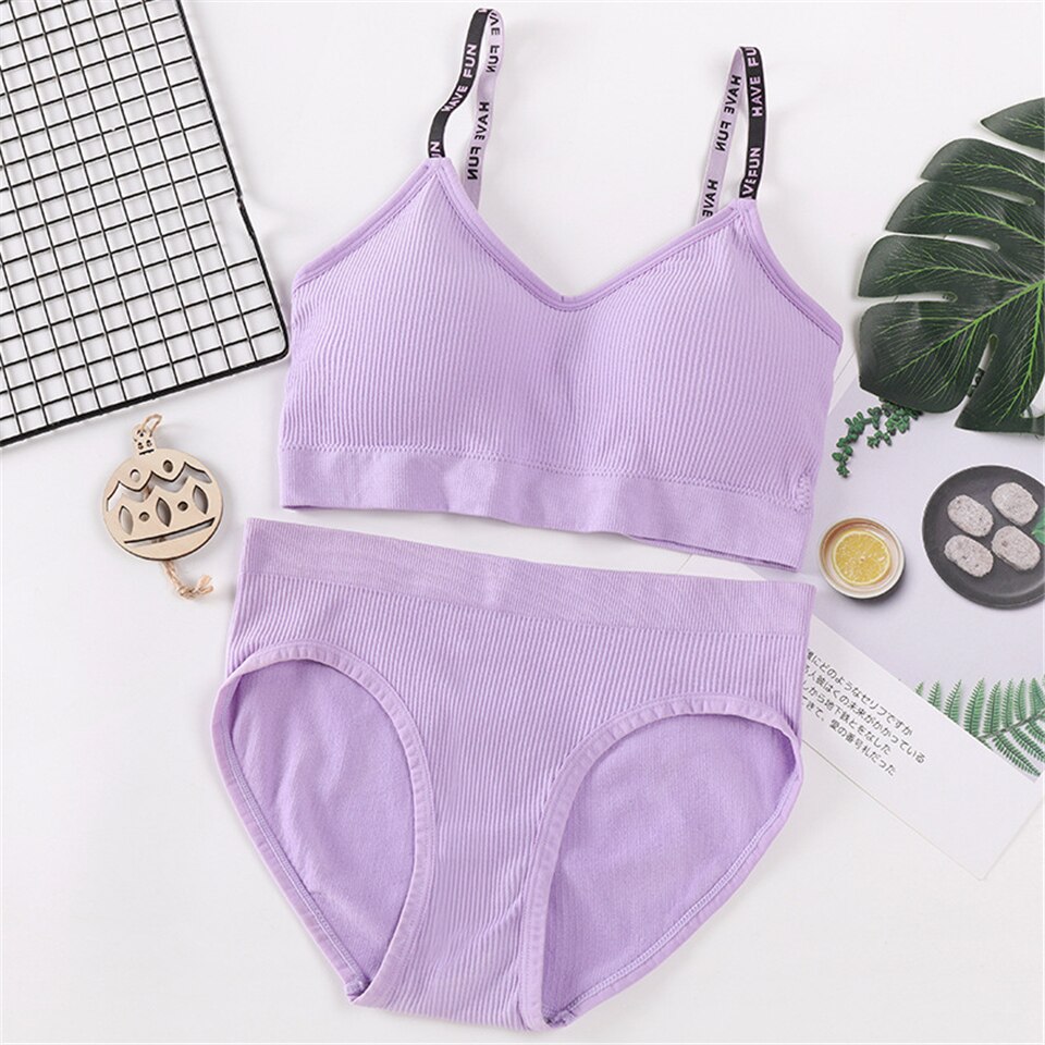 Seamless Women Top Panties Set Comfortable Cotton Tops Panties Woman Underwear Set Soft Active Wear Lingerie Fitness Crop Top: Lavender