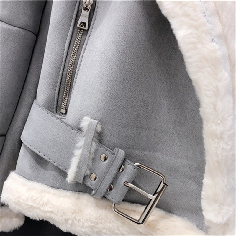 Vinter kvinnor mocka jacka tjock varm fusk lammull jackor kappa lös motorcykel skinnjacka kvinnlig streetwear
