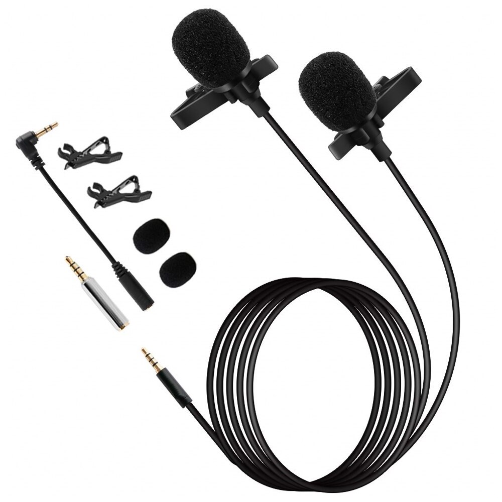 Clip-On Condenser Omni Directional Microphone Double Head Smartphone Computer Lapel Mic 3.5mm Plug and Play with Clip Adapters