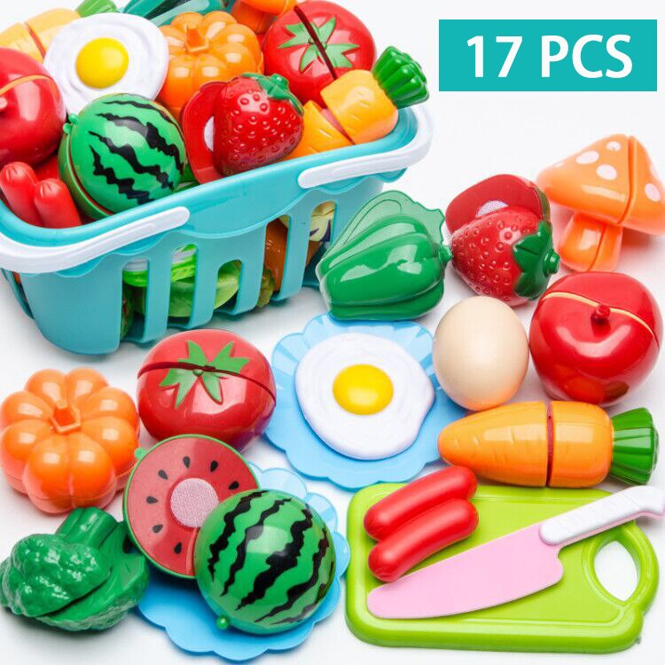 150pcs Plastic Kitchen Toy Shopping Cart Set Cut Fruit and Vegetable Food Play House Simulation Toys Early Education Girl: 17-piece set