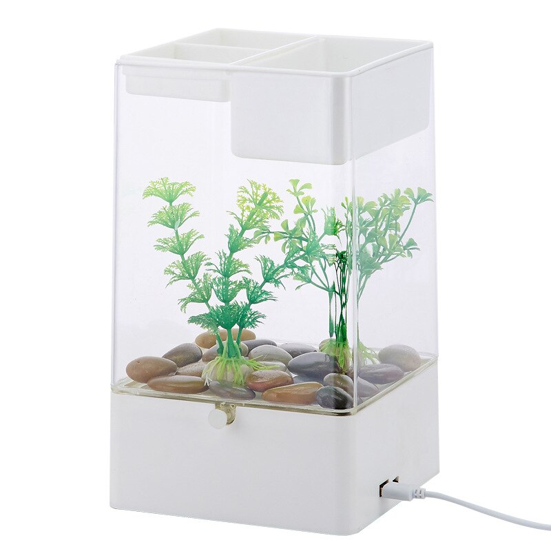 Aquarium van kunststof met planten, accessoires voor op het bureau, decoratie voor het aquarium
