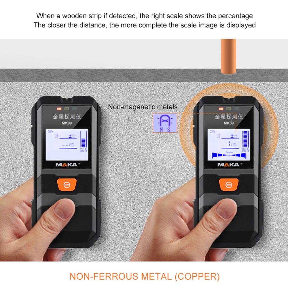 MAKA MK09 LCD Backlight Display Infrared Metal Detector Metal Objects Steel Wire Copper Tube Finder Depth Tracker Wall Scanner