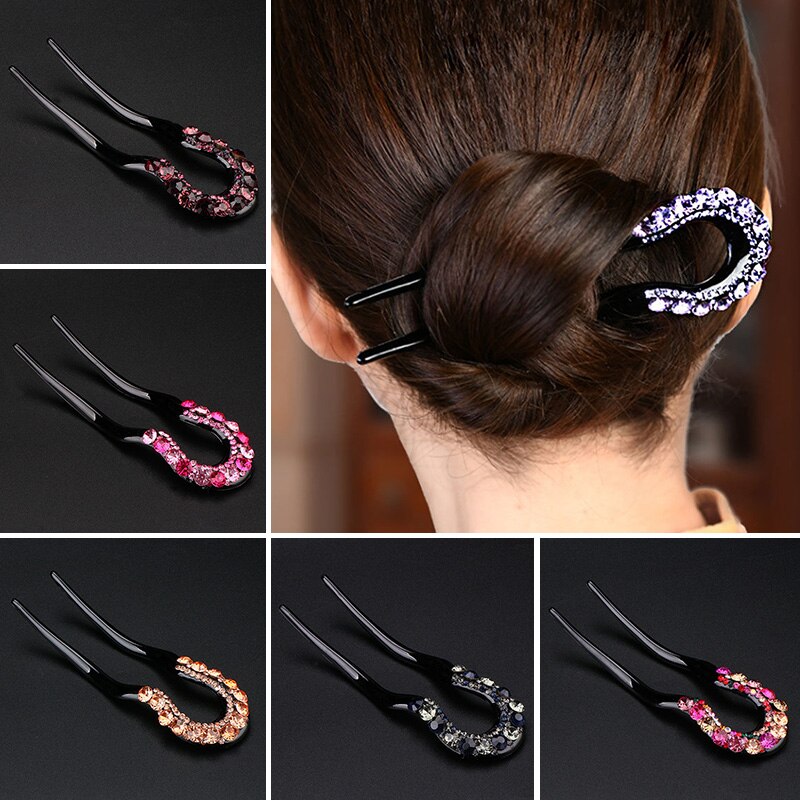 Moda a forma di U tornante piegato Clip strass colorati capelli neri bastone Vintage donna capelli copricapo classico elegante forcelle per capelli