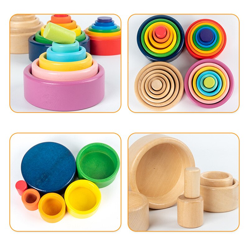 Montessori Wooden Rainbow Block Colorful Wooden Toys Matching Rainbow Stacker Learning Educational Counting Toy