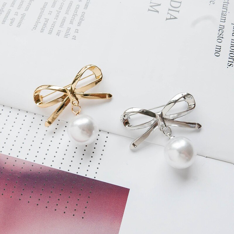 Simple Bow Brooches for Women Bowknot Brooch Pin Pearl Pendant Safety Lapel Pins Brooch Wedding Jewelry Accessories