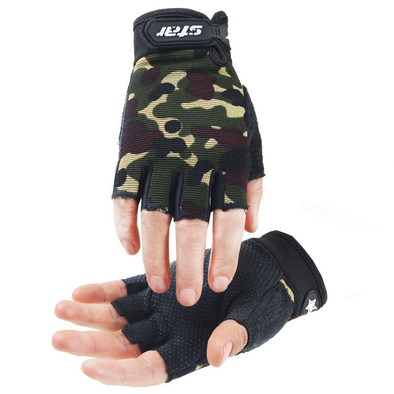 Luvas de Fitness masculino luvas halteres barra horizontal de equipamentos de exercício de treinamento de pulso esportes luvas metade do dedo luvas de bicicleta anti-skid B58: Camouflage / L
