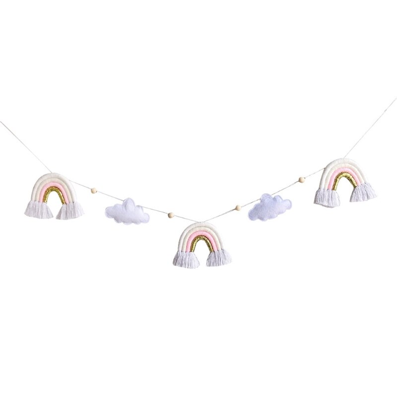 Guirnalda de cuentas de madera nórdica con nube de fieltro, lana de punto, borlas de arcoíris, adorno colgante, accesorios para sesiones fotográficas: 4