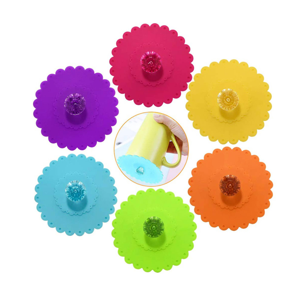 Silicone wor 6Pcs 11CM Transparent Diamond With Flower Pattern Cup Lids Dust-Proof Silicone Mug Cover Bright Color Drink Cup Lid