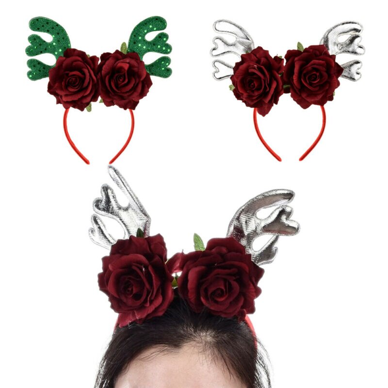 Vrouwen Meisjes Christmas Reindeer Antler Hoofdband Xmas Bloem Party Cosplay Hoofddeksels Haarband