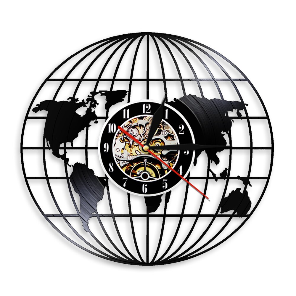 Monde terre carte Vintage CD rétro Horloge 3D Globe carte de la terre monté horloges Horloge vinyle LP Horloge murale saat: No Led