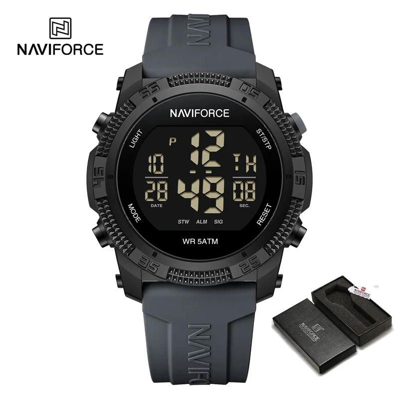 NAVIFORCE NF7104 Men's LCD Digital Casual Date and Week Alarm Waterproof Silicone Strap Electronic Watch: grey