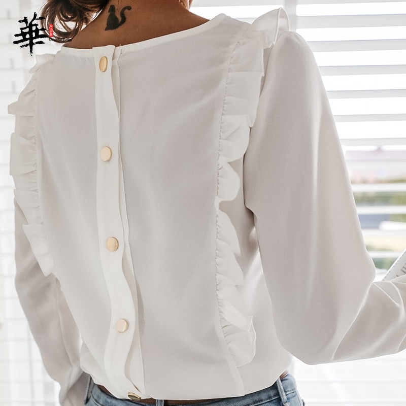 Volanger bluse kvinner o-hals langermet bluse høst høst blusas knapp tilbake kontor dame kvinner bluser topper skjorter