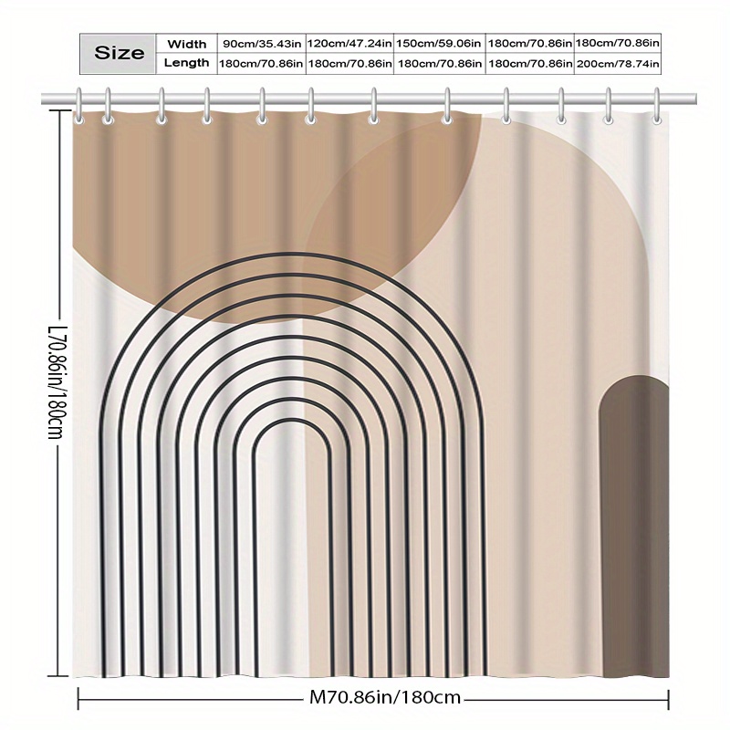 1 cortina de chuveiro com padrão geométrico simples com ganchos - divisor de banheiro de poliéster bege, marrom e branco, lavável à máquina