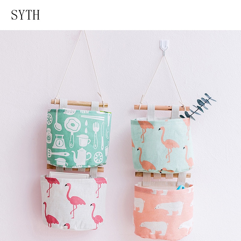 Pattern Cotton Linen Hanging Storage Bag Wall Mounted Wardrobe Hang Bag Wall Pouch Cosmetic Toys Organizer
