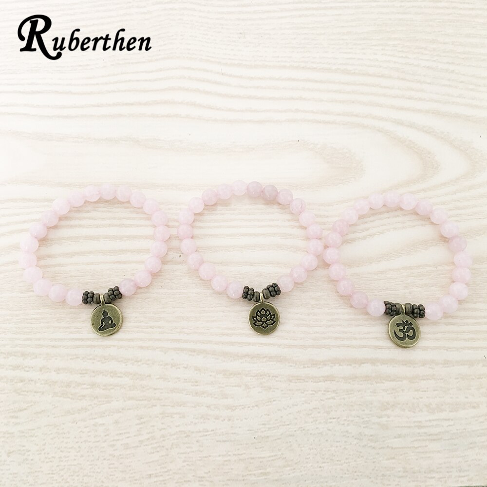 Ruberthen Genuine Natural Rose Stone Bracelet Antique Brass Om Lotus Charm Bracelet Yogi