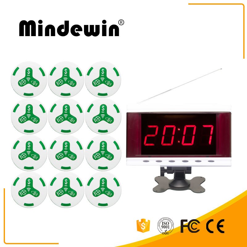 Mindewin draadloos oproepsysteem voor restaurants pager 12 stuks mk -3 oproepknoppen en 1 stuk mr -2 led-display toont 1 groepsnummer: Witgroen