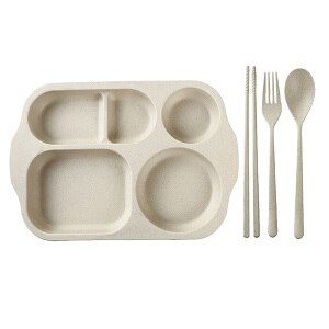 4Pcs/Set Eco-Friendly Children's Dishes Plates Tableware Set Healthy Wheat Straw Baby Kids Toddlers Food Feeding Dinnerware: Beige