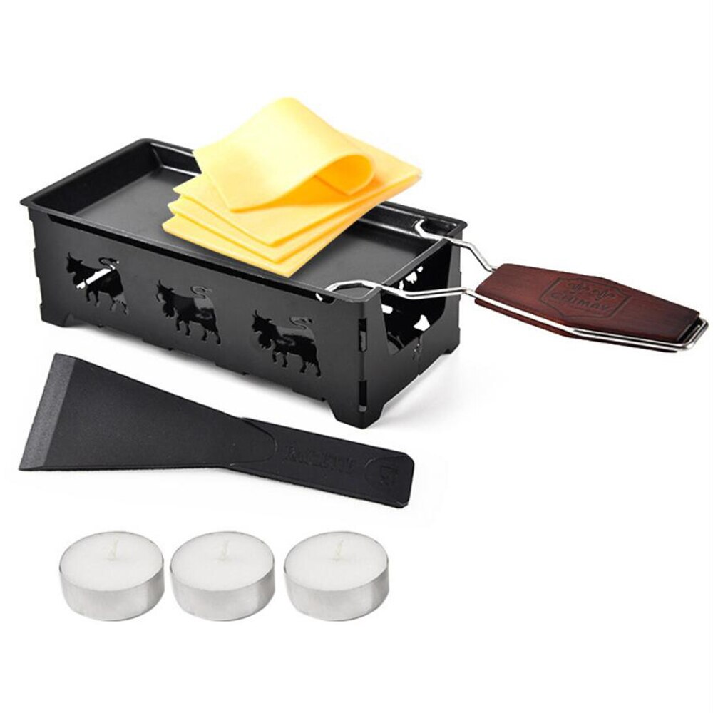 1 sett jern-metall ikke-pinne ost raclette grillplate med massivt trehåndtak rektangulært bakeware kjøkkenapparat 10370e