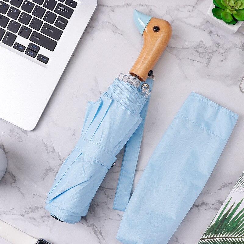 Cute Duck Head Umbrella Rain Women Automatic Windproof Sun Umbrella Men Three Fold Waterproof Travel Umbrella Parasol: Wathet