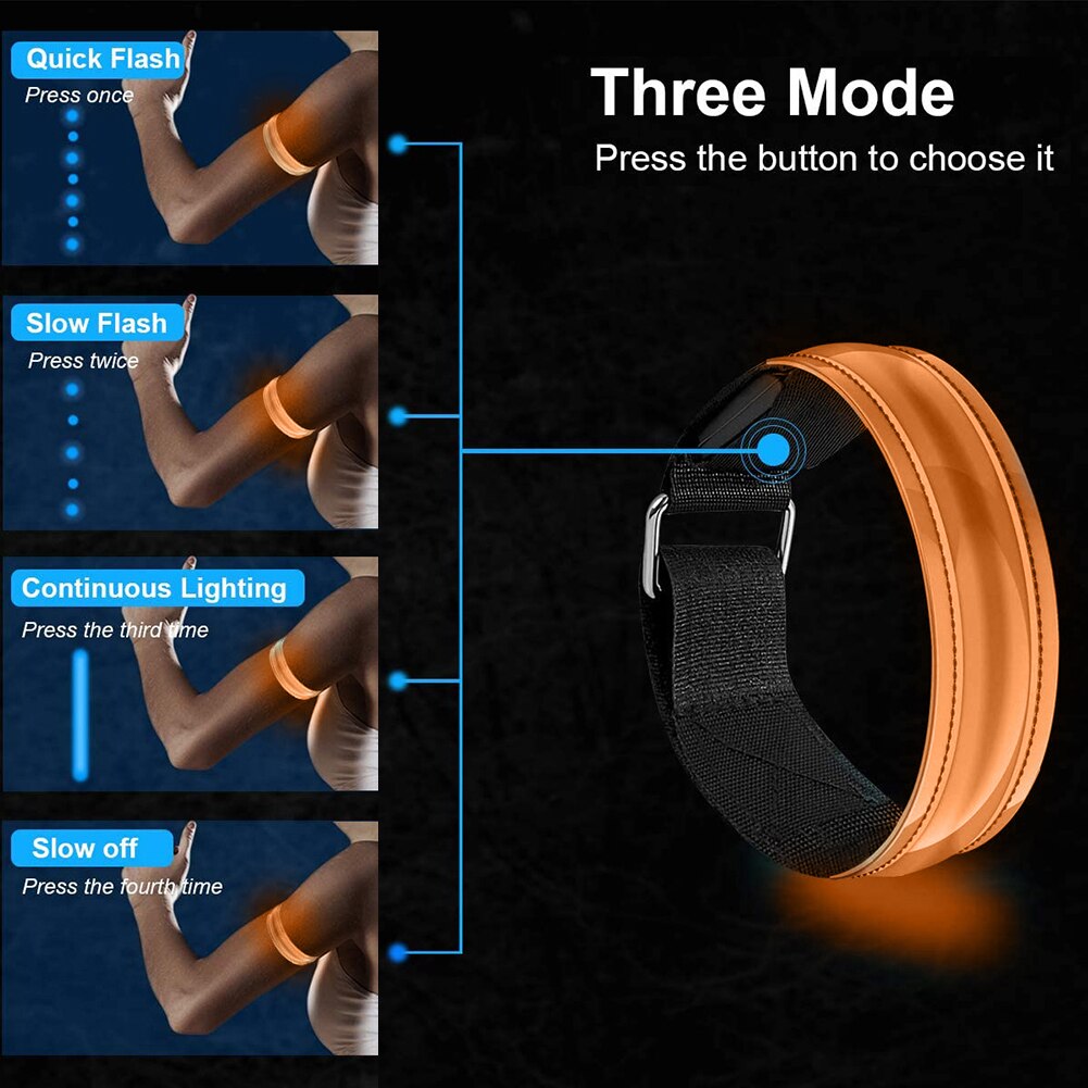 Brazalete LED para correr para mujer, pulsera reflectante, accesorios para corredores, botón para correr, batería, naranja, 4 Uds.