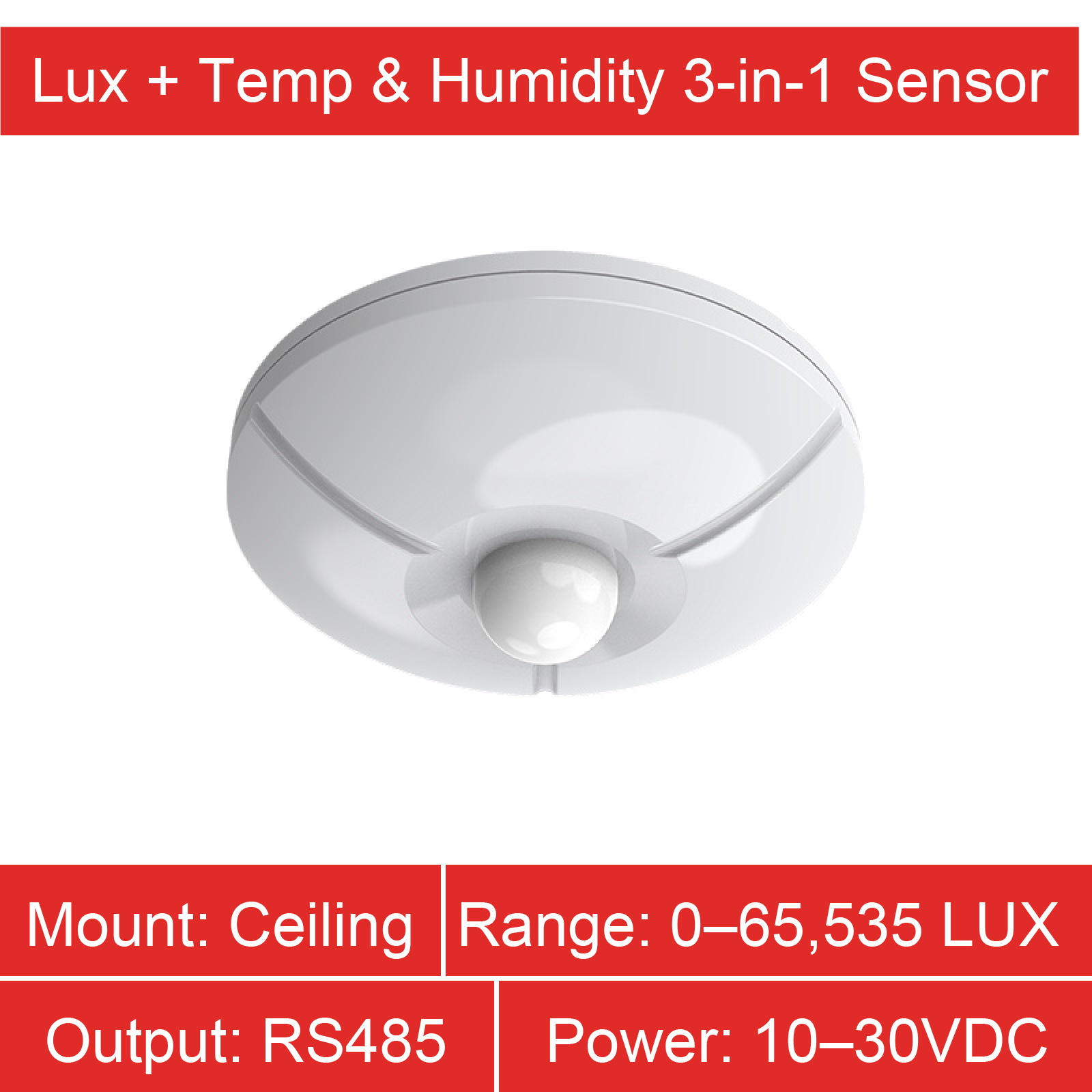 Ceiling Mounted Ambient Light Sensor High Accuracy Lux Meter with Temperature and Humidity for Environmental Monitoring: black