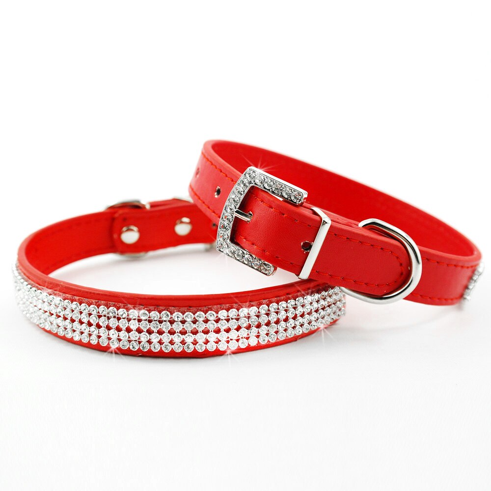 Bling hundehalsbånd rhinestone læder kæledyr hund kat hvalpe halsbånd diamant halskæde til små mellemstore hunde katte chihuahua: Rød / Xs
