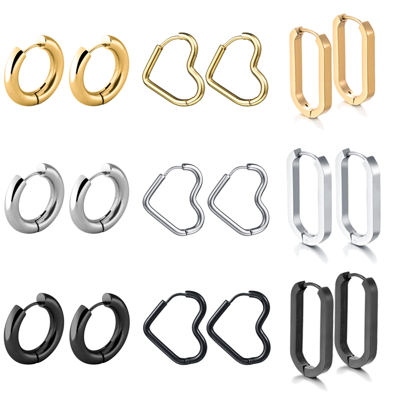 Pendientes de aro de acero inoxidable brillantes para mujeres y hombres, Hip Hop Steapunk, corazón ovalado redondo, Color negro, dorado y plateado, de joyería Huggie