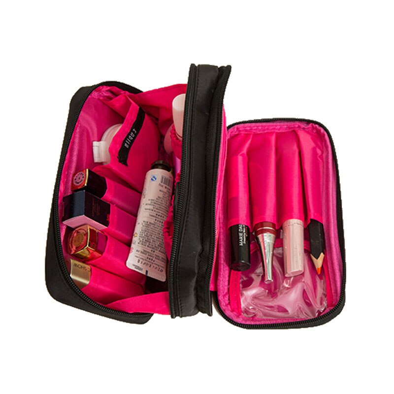 Rejse skønhedsbørster læbestift organisator taske nylon klud dobbelt lynlås kosmetik taske dobbelt rejse vask make up forsyninger tasker: Sort (rosarød)