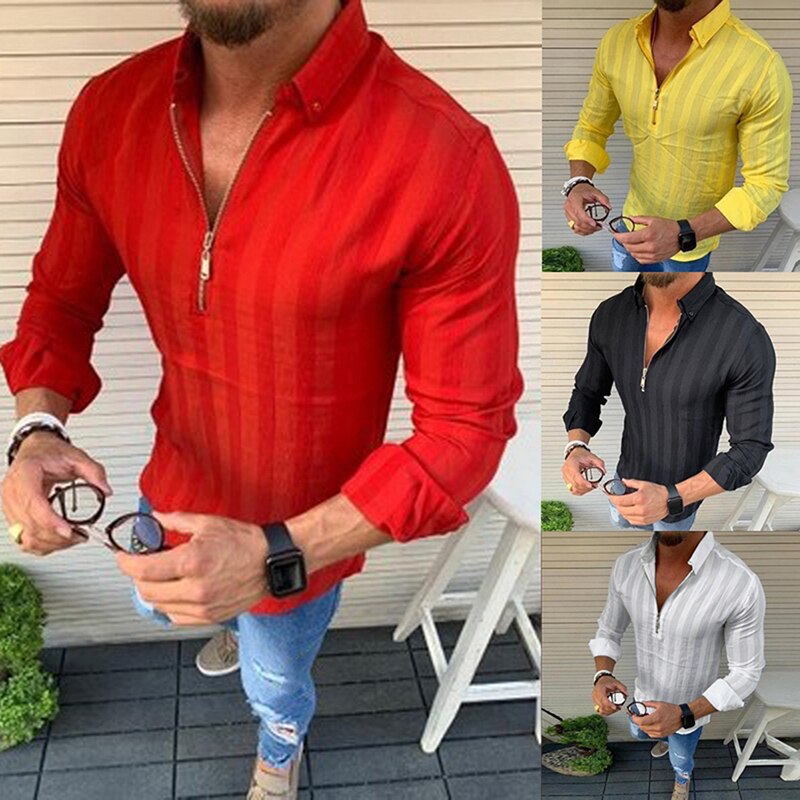 Mens Luxury Stylish Autumn Casual Dress Shirts Slim Fit Long Sleeve Shirt Black White Yellow Red