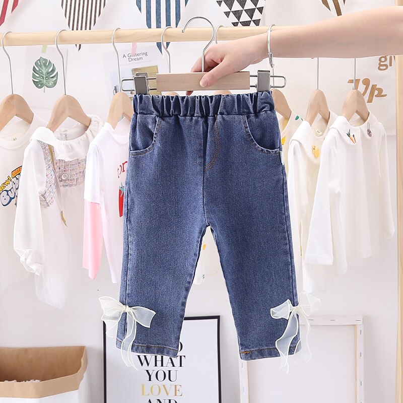 Baby jenter søte jeans høst barnesløyfe lange bukser uformelle denimbukser barn barneklær