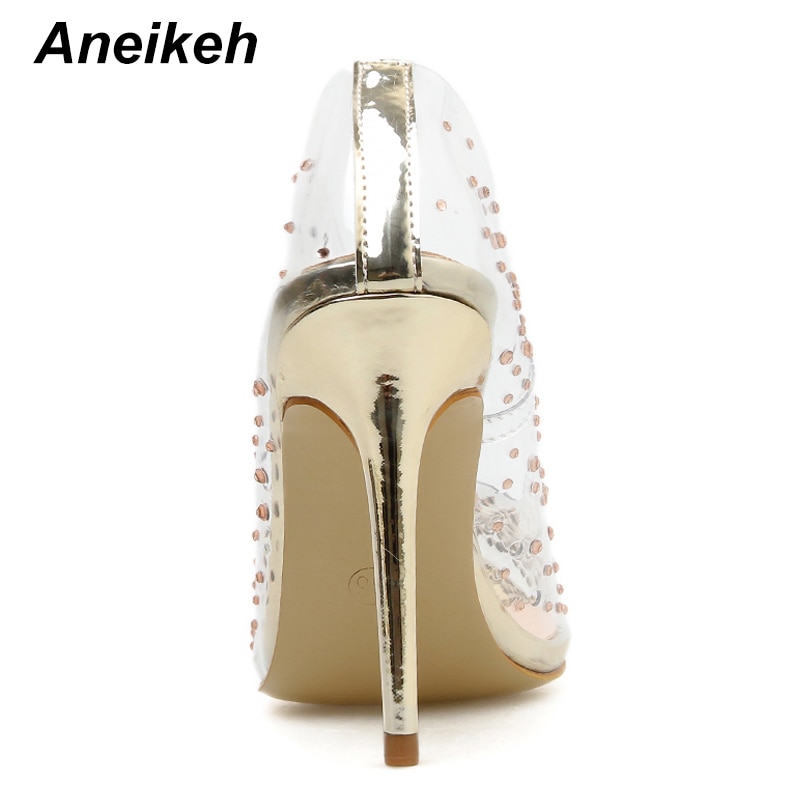 Aneikeh spring pvc sexy spiss tå pumps dame fetish sko tynn høy hæl slip-on rivet pumps bryllupsfest str 35-42