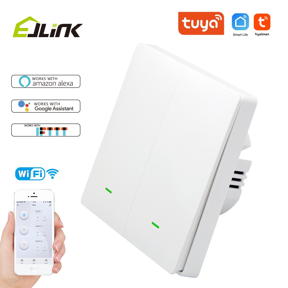 EJLINK 2 Gang Tuya Smart Switch Wifi Remote APP Voice Control works with Alexa, Google Home Intelligent Wall Light Switch