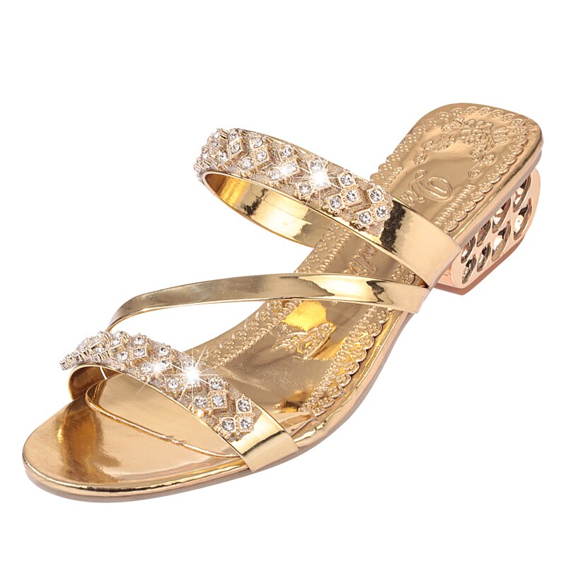 Lucyever Vrouwen Mode Kristallen Sandalen Zomer Comfortabele Hakken Strand Slippers Casual Solid Dikke Hak Slides Slippers: Goud / 9.5
