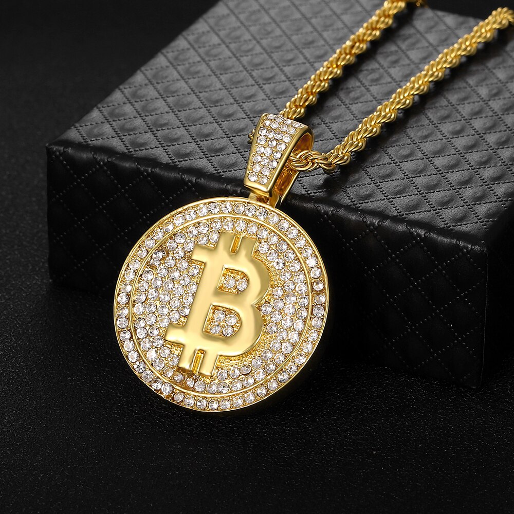 Novo iced para fora bitcoin pingente colar com 4mm corrente de tênis iced para fora bling corrente colar para homem strass cubano link chain: gold rope / 20inch