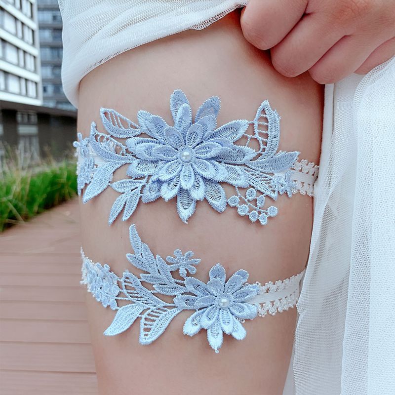 Kvindelige brude stretch blonder lårringe sæt himmelblå broderet blomst applikation patchwork faux perle bryllup prom strømpebånd