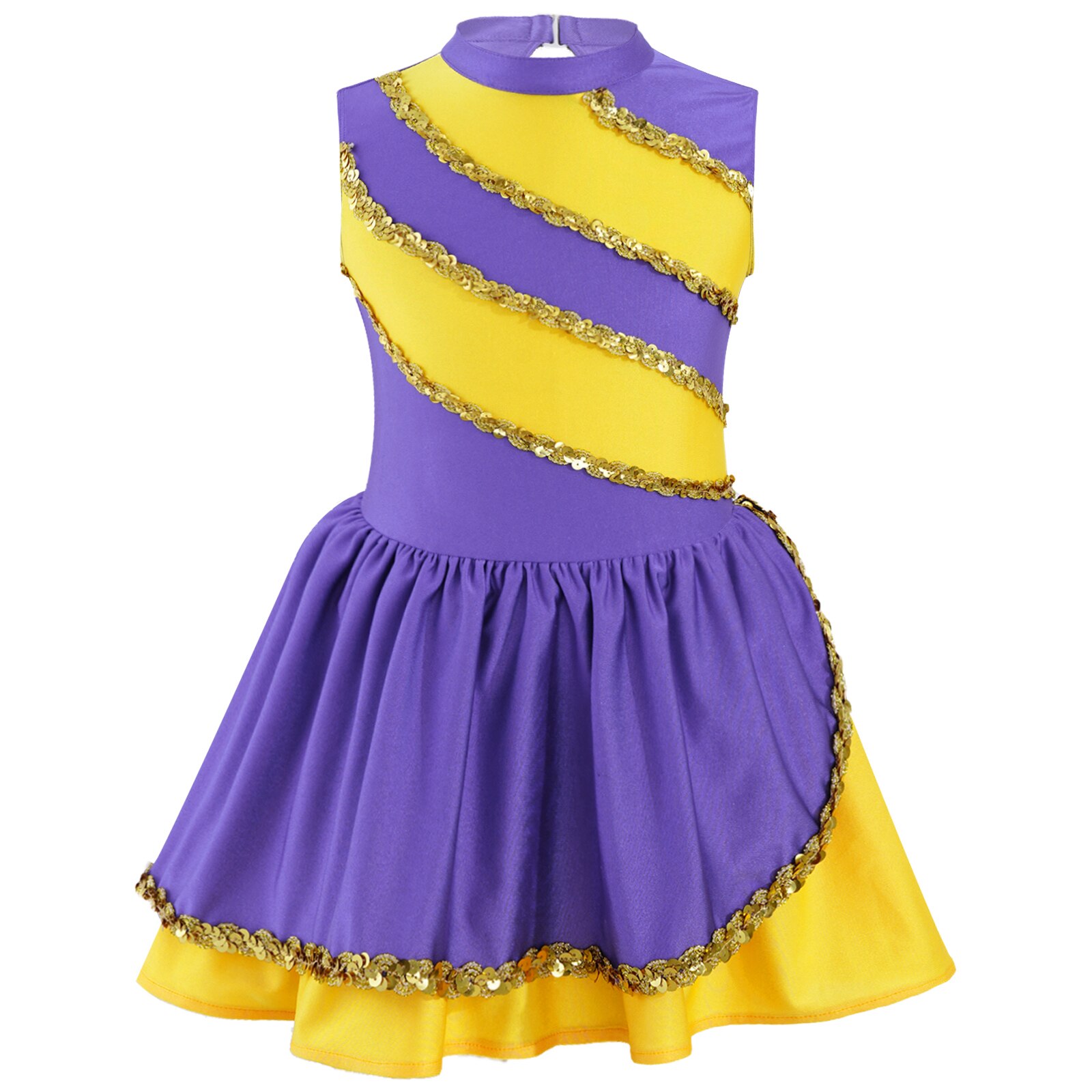 Vestido de baile de animadora decorado con lentejuelas para niñas, traje de baile sin mangas con escote redondo y espalda hueca, uniforme de animadora: Purple / 6